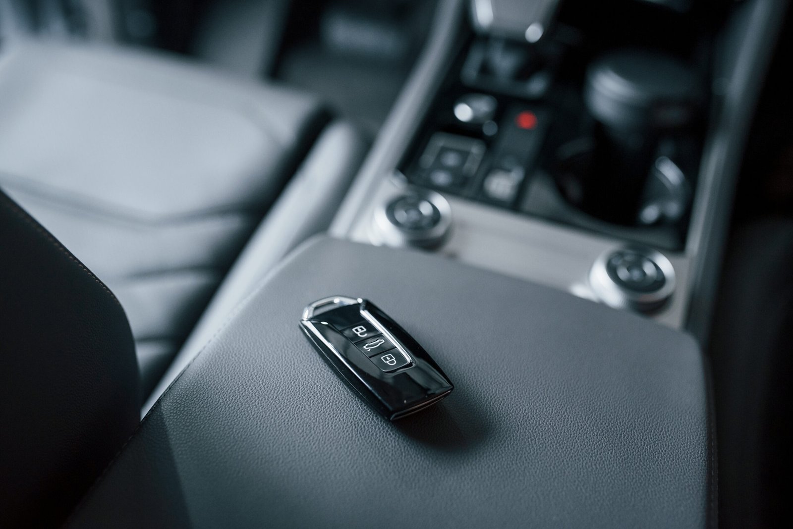 Illuminated by daylight that comes from the window. Close up view of interior of brand new modern luxury automobile